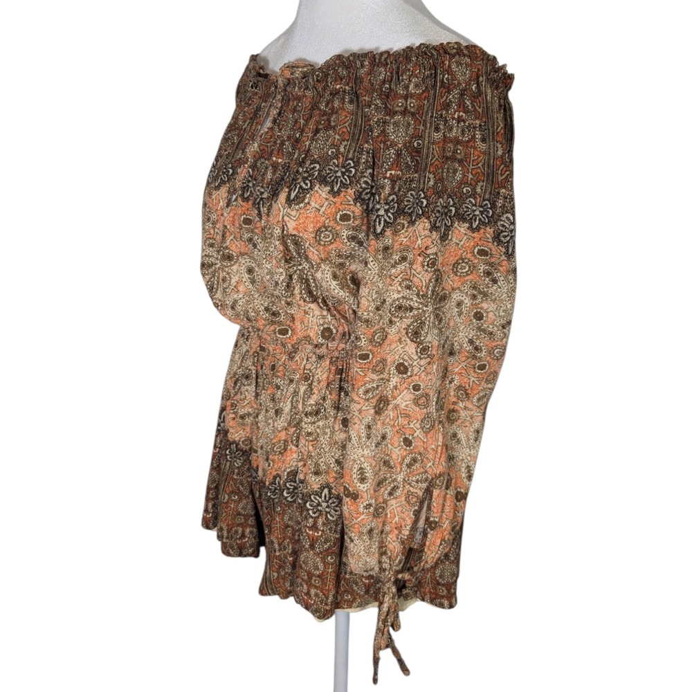 Free People Boho Paisley Off The Shoulder Romper Brown Orange Medium - Picture 4 of 8